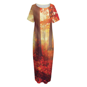 Sunshine Autumn Tree Print Short Sleeve Long Nightdress