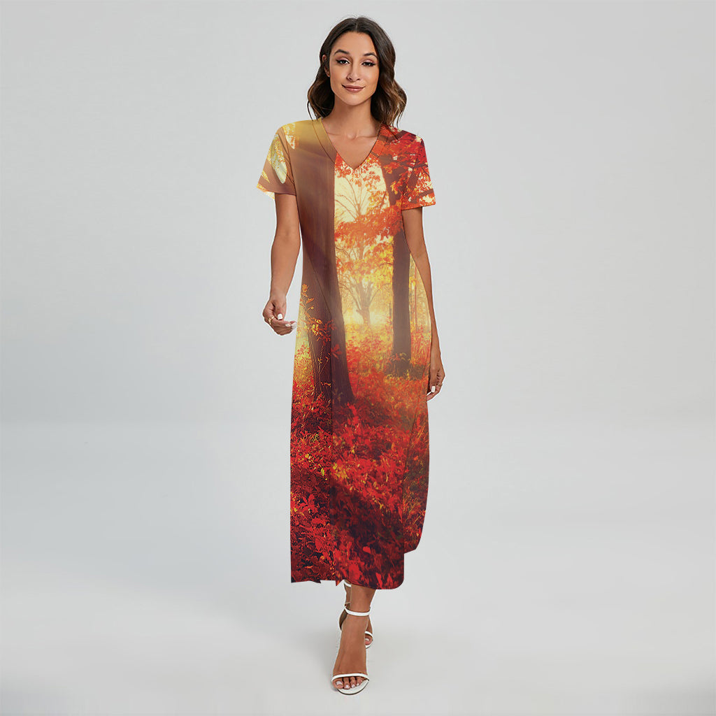 Sunshine Autumn Tree Print Short Sleeve Maxi Dress