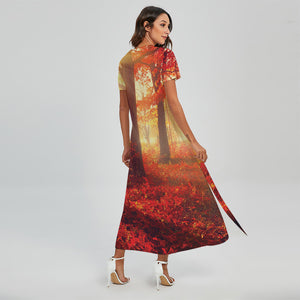 Sunshine Autumn Tree Print Short Sleeve Maxi Dress