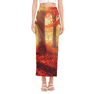 Sunshine Autumn Tree Print Side Slit Maxi Skirt