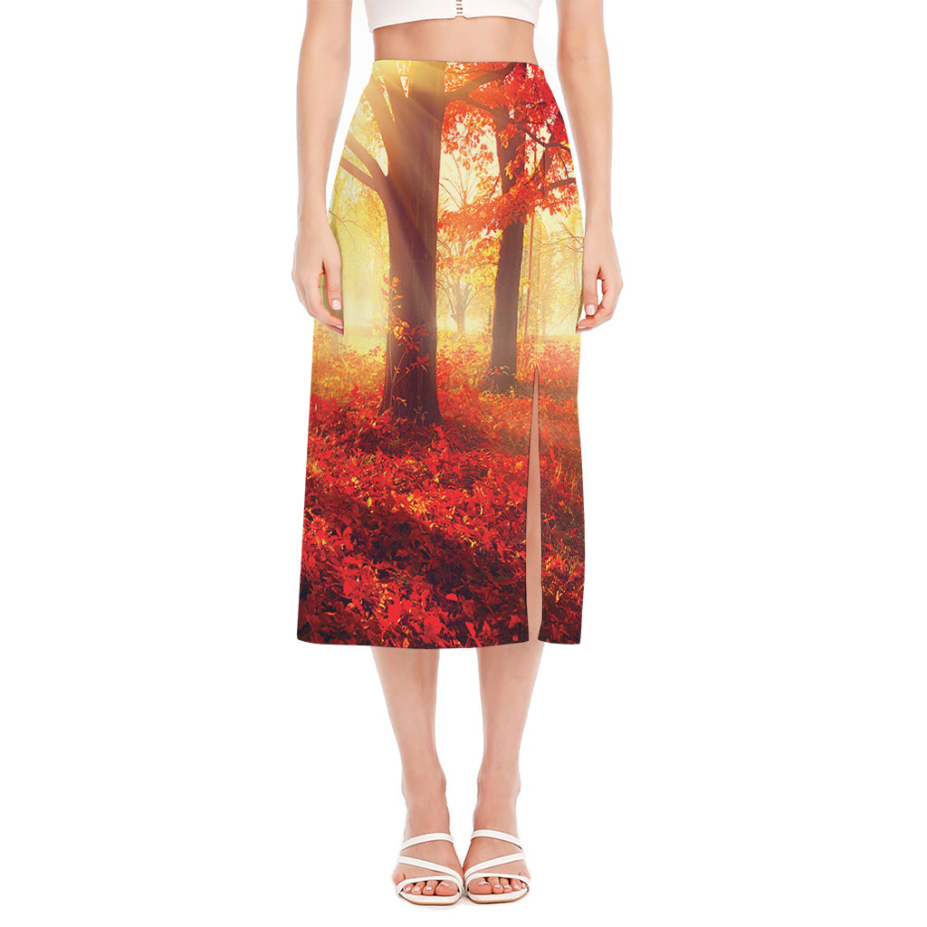 Sunshine Autumn Tree Print Side Slit Midi Skirt