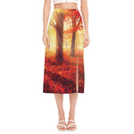 Sunshine Autumn Tree Print Side Slit Midi Skirt