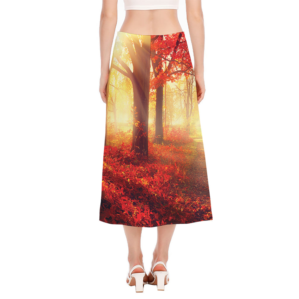 Sunshine Autumn Tree Print Side Slit Midi Skirt