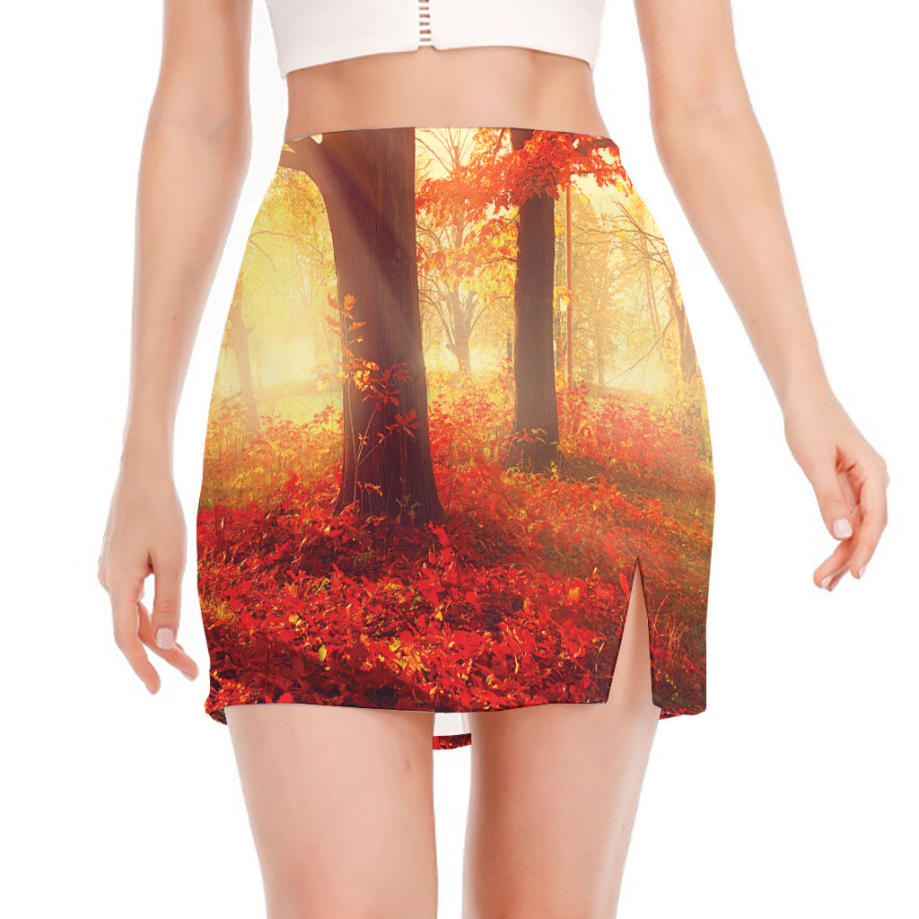 Sunshine Autumn Tree Print Side Slit Mini Skirt