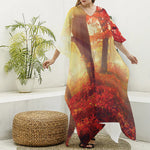 Sunshine Autumn Tree Print Silk V-Neck Kaftan Dress