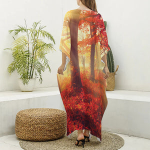 Sunshine Autumn Tree Print Silk V-Neck Kaftan Dress