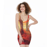 Sunshine Autumn Tree Print Sleeveless Bodycon Dress