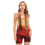 Sunshine Autumn Tree Print Sleeveless One Piece Swimsuit