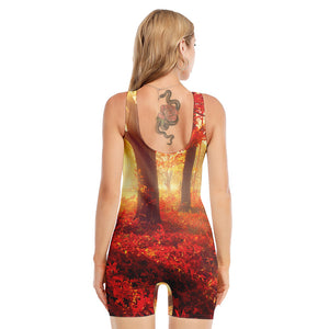 Sunshine Autumn Tree Print Sleeveless One Piece Swimsuit