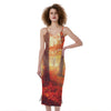 Sunshine Autumn Tree Print Slim Fit Midi Cami Dress