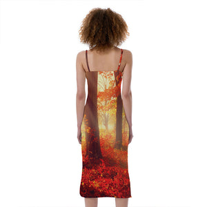 Sunshine Autumn Tree Print Slim Fit Midi Cami Dress