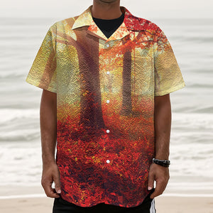 Sunshine Autumn Tree Print Textured Short Sleeve Shirt