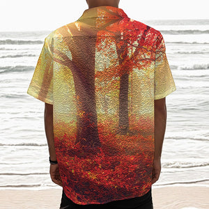 Sunshine Autumn Tree Print Textured Short Sleeve Shirt