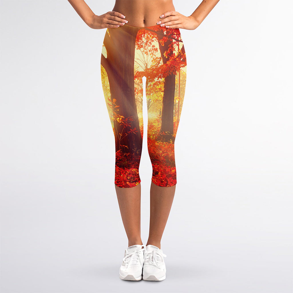 Sunshine Autumn Tree Print Women's Capri Leggings