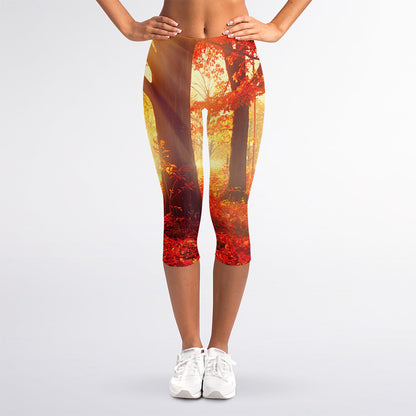 Sunshine Autumn Tree Print Women's Capri Leggings