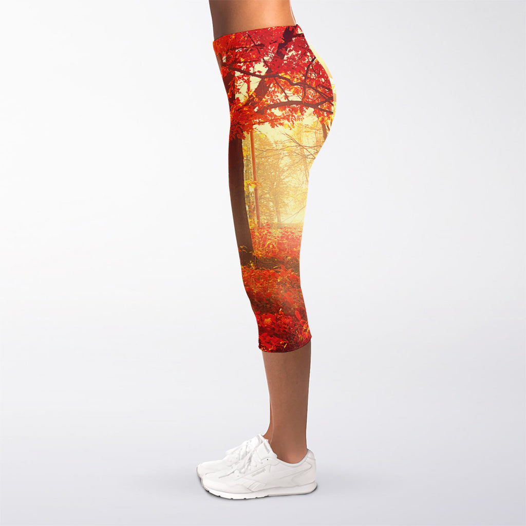 Sunshine Autumn Tree Print Women's Capri Leggings