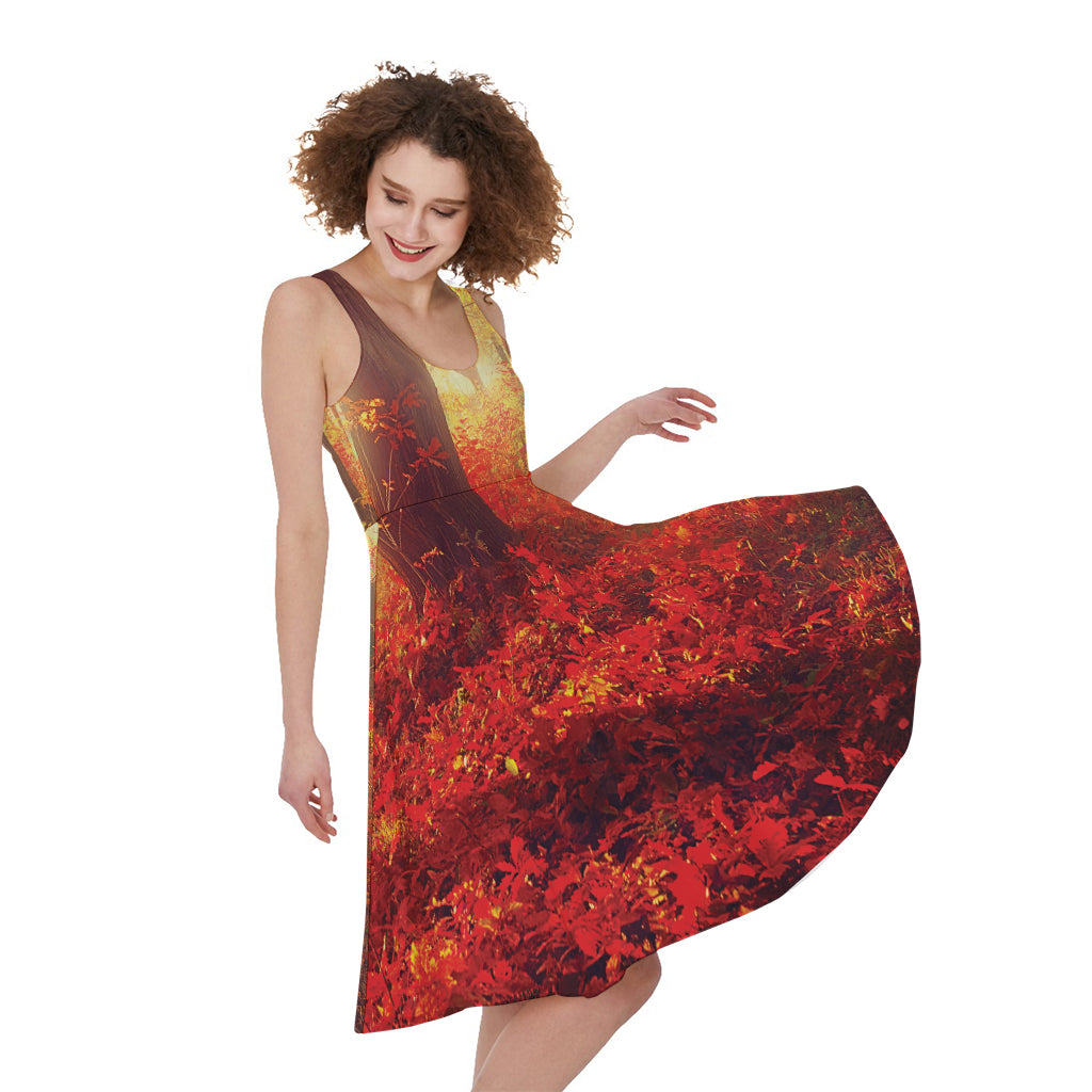 Sunshine Autumn Tree Print Women's Sleeveless Dress