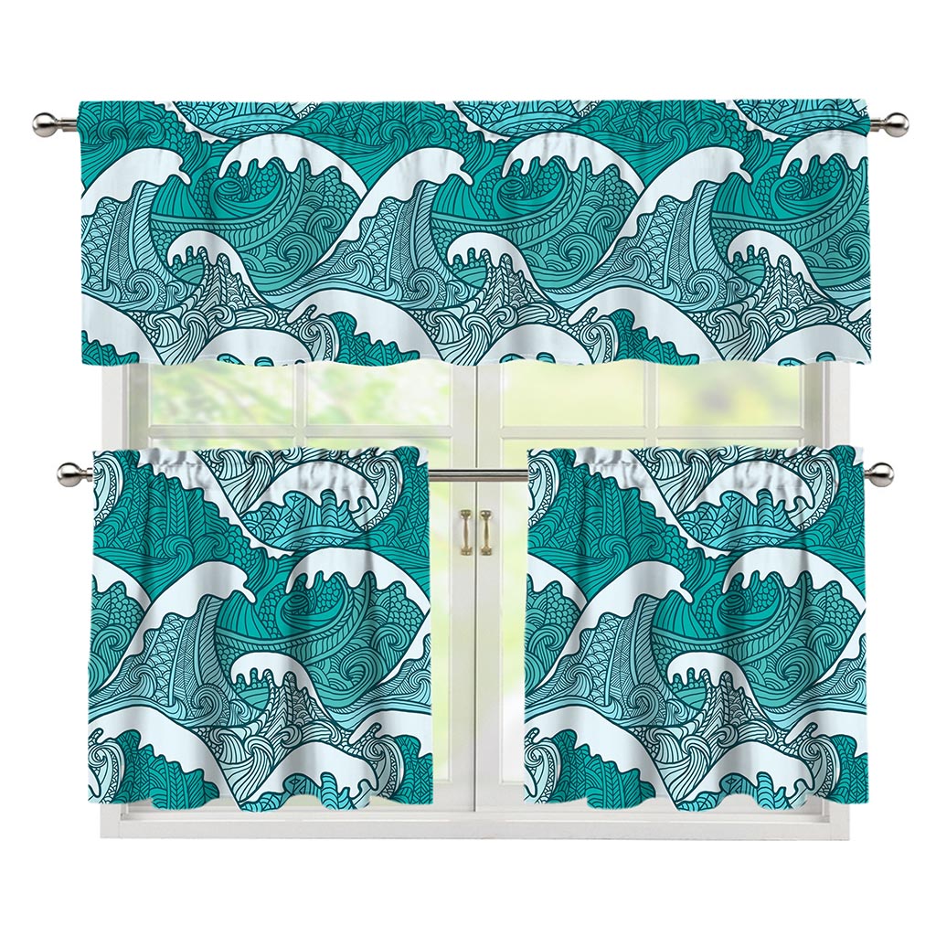 Surfing Wave Pattern Print 3 Piece Kitchen Curtains