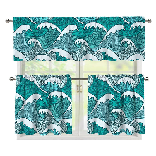 Surfing Wave Pattern Print 3 Piece Kitchen Curtains