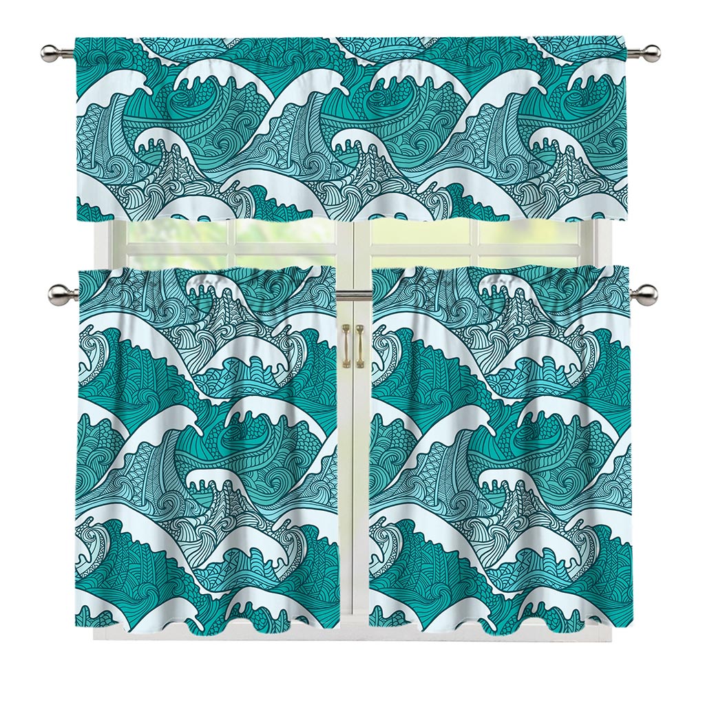 Surfing Wave Pattern Print 3 Piece Kitchen Curtains
