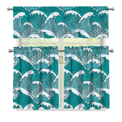 Surfing Wave Pattern Print 3 Piece Kitchen Curtains