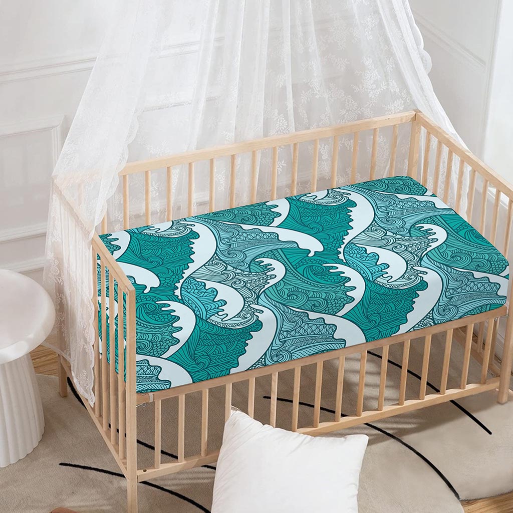 Surfing Wave Pattern Print Baby Crib Sheet