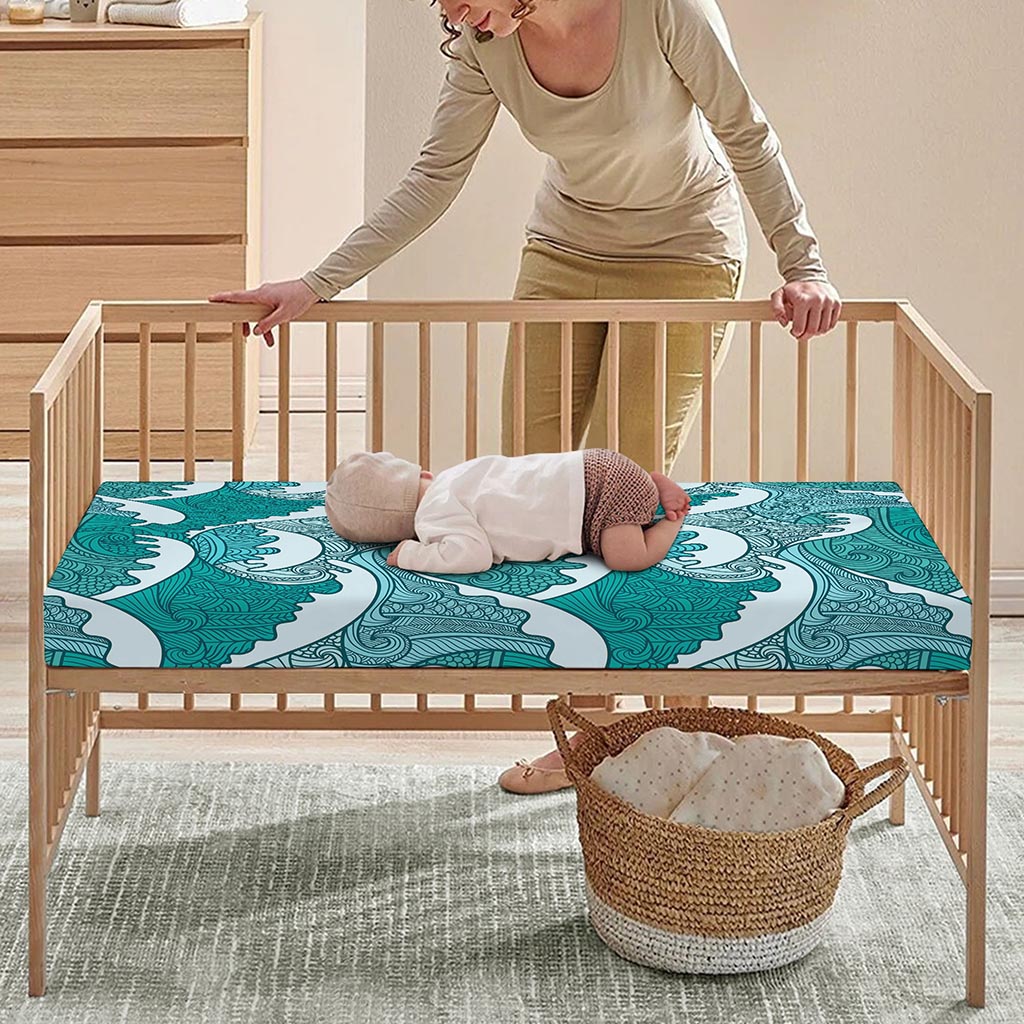 Surfing Wave Pattern Print Baby Crib Sheet