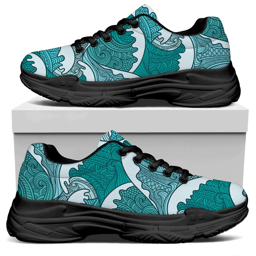 Surfing Wave Pattern Print Black Chunky Shoes