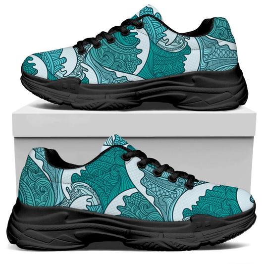 Surfing Wave Pattern Print Black Chunky Shoes