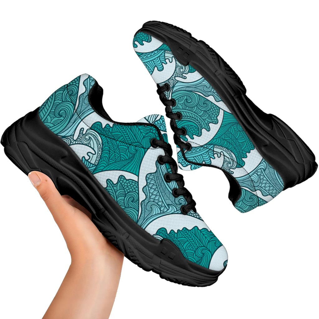 Surfing Wave Pattern Print Black Chunky Shoes