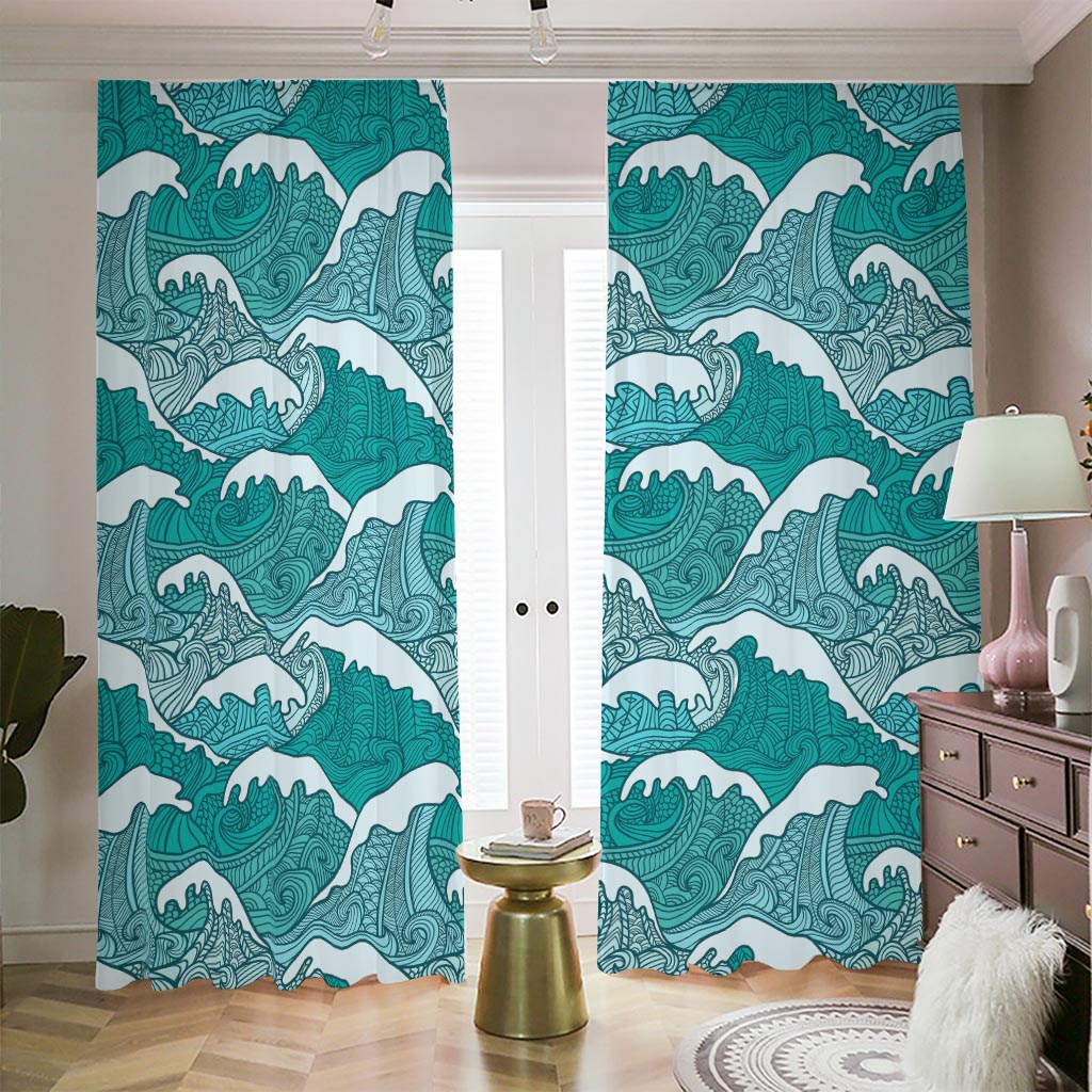 Surfing Wave Pattern Print Blackout Pencil Pleat Curtains