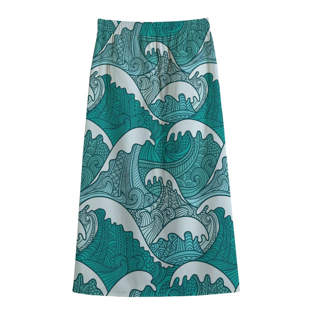 Surfing Wave Pattern Print Cotton Front Slit Maxi Skirt