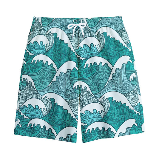 Surfing Wave Pattern Print Cotton Shorts