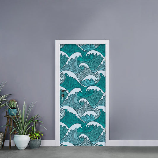 Surfing Wave Pattern Print Door Sticker