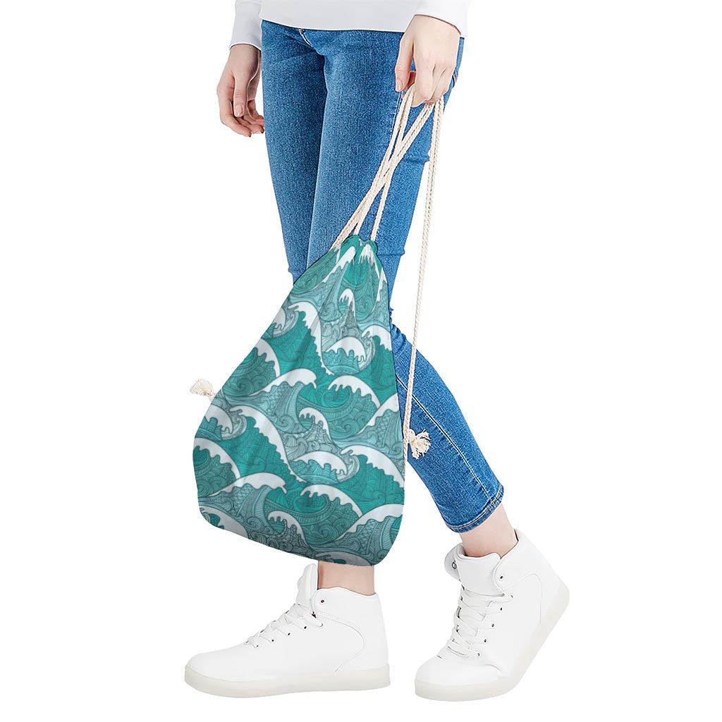 Surfing Wave Pattern Print Drawstring Bag