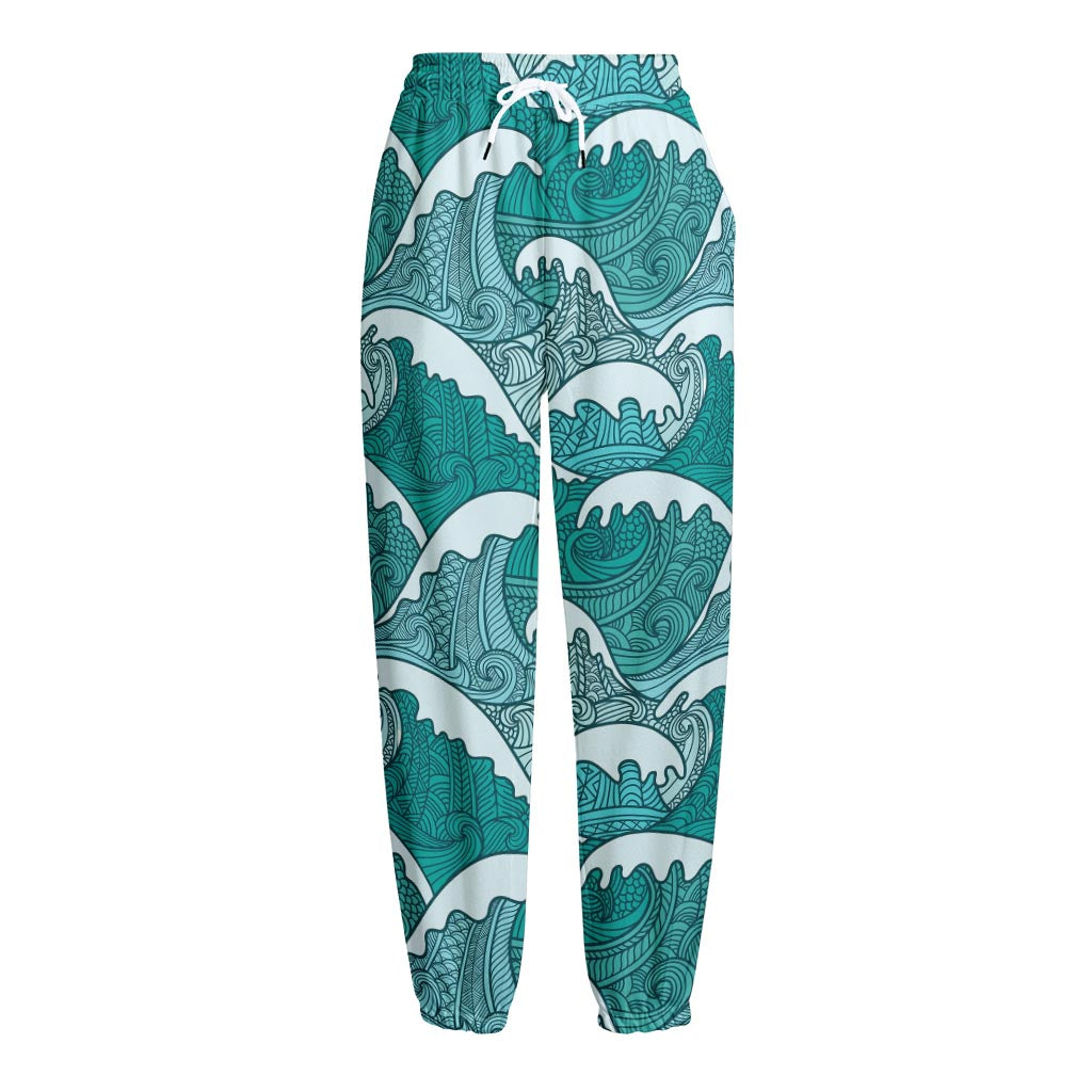 Surfing Wave Pattern Print Fleece Lined Knit Pants