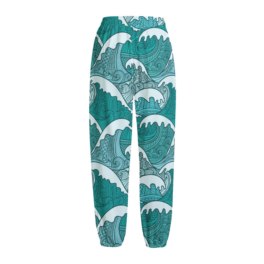 Surfing Wave Pattern Print Fleece Lined Knit Pants