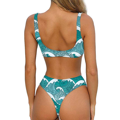 Surfing Wave Pattern Print Front Bow Tie Bikini