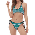 Surfing Wave Pattern Print Halter Scoop Tie Side Bikini