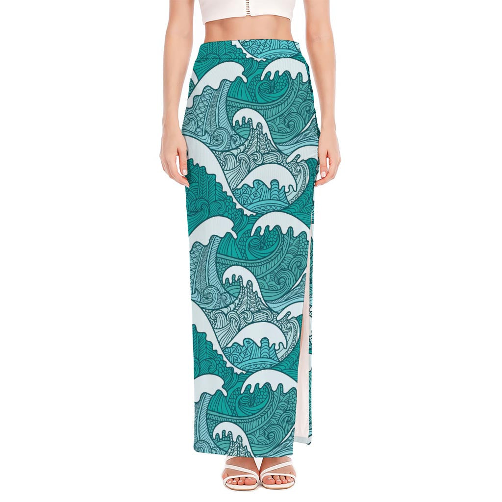 Surfing Wave Pattern Print High Slit Maxi Skirt