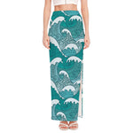 Surfing Wave Pattern Print High Slit Maxi Skirt