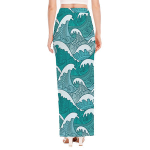 Surfing Wave Pattern Print High Slit Maxi Skirt