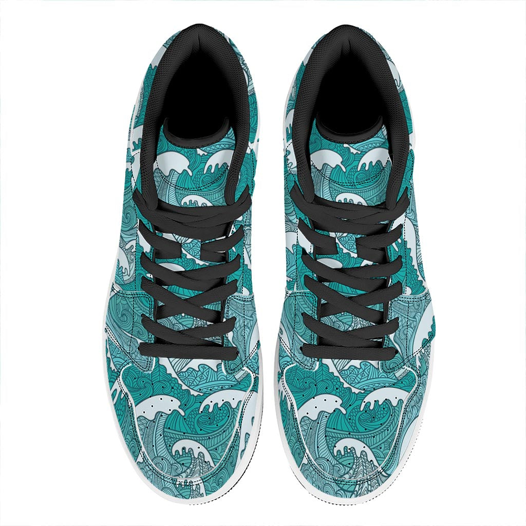 Surfing Wave Pattern Print High Top Leather Sneakers