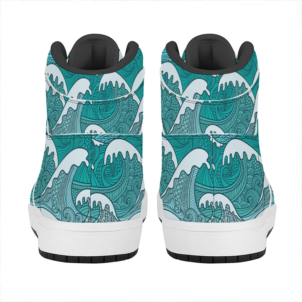 Surfing Wave Pattern Print High Top Leather Sneakers