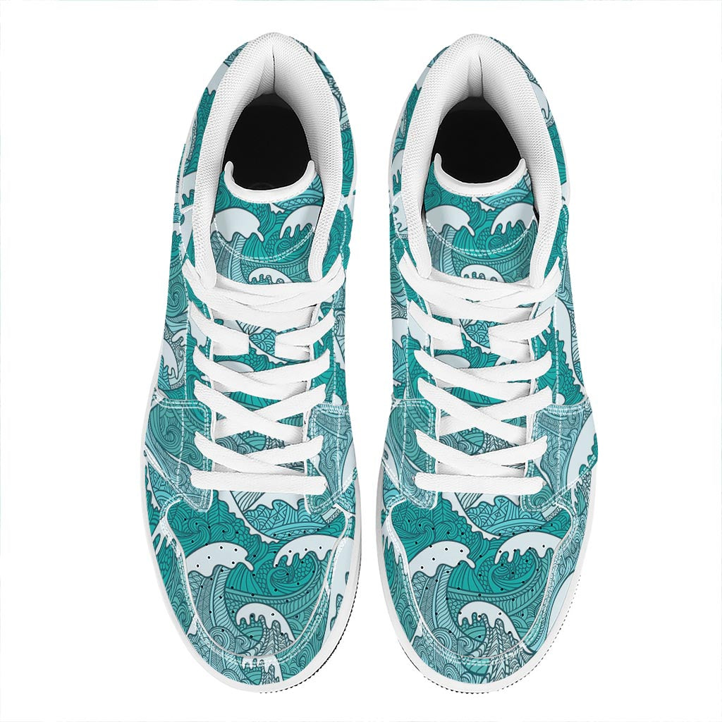 Surfing Wave Pattern Print High Top Leather Sneakers