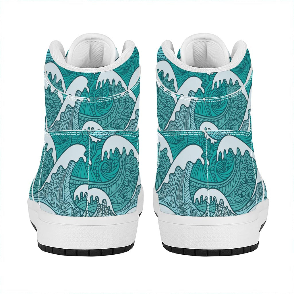 Surfing Wave Pattern Print High Top Leather Sneakers