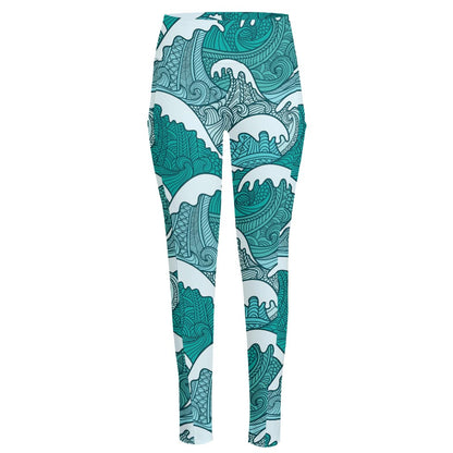 Surfing Wave Pattern Print High-Waisted Pocket Leggings