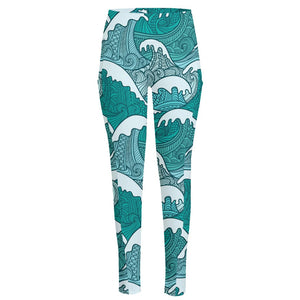 Surfing Wave Pattern Print High-Waisted Pocket Leggings