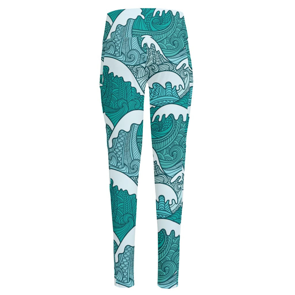 Surfing Wave Pattern Print High-Waisted Pocket Leggings