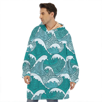 Surfing Wave Pattern Print Hoodie Blanket